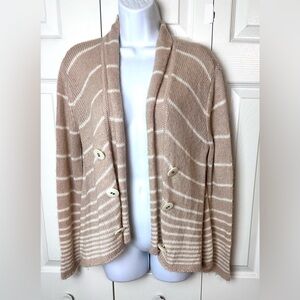 FREE PEOPLE Striped Cardigan Sweater Tan Beige Wool Blend Open Button Front Sz S